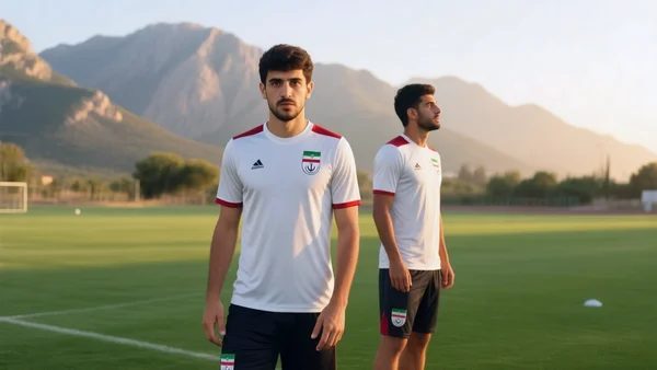 Joueurs de football iraniens en tenue d'entraînement sur un terrain verdoyant à Antalya, montagnes en arrière-plan, lumière dorée du matin
