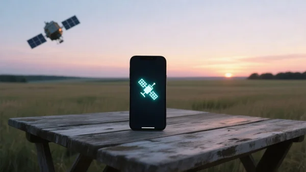 Smartphone posé sur une table en bois dans un champ isolé, écran affichant une icône satellite, au loin un satellite en orbite basse dans le ciel crépusculaire, lumière douce du coucher de soleil