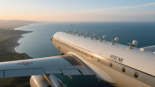 Vue extérieure d'un avion de reconnaissance RC-135 Rivet Joint aux couleurs britanniques, ses antennes et capteurs distinctifs visibles sur le fuselage, survolant la mer Noire avec la côte de Crimée en arrière-plan, lumière dorée de fin d'après-midi