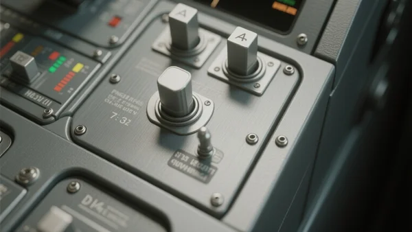 Vue rapprochée des interrupteurs de carburant sur le piédestal central d'un cockpit de Boeing 737, éclairage tamisé, ambiance technique