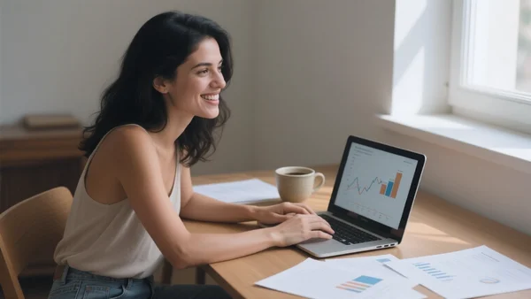 Étudiante souriante assise à un bureau avec un ordinateur portable, une tasse de café et des documents financiers étalés, lumière naturelle venant d'une fenêtre