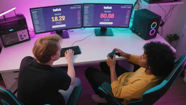 Vue plongeante sur un plateau Twitch rempli de streamers devant leurs écrans, écrans affichant des compteurs de dons, ambiance lumineuse colorée