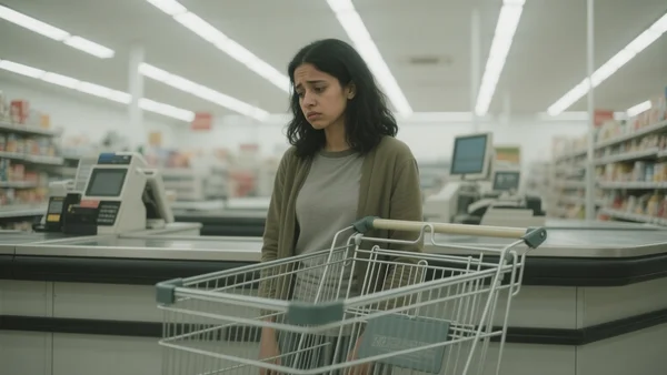 Jeune caissière en caisse d'un supermarché, regard fatigué, caddie de courses vides derrière elle, lumière fluorescente