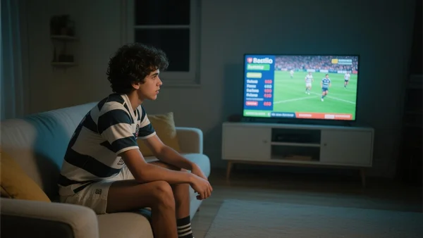 Jeune adolescent regardant un match de rugby à la télévision dans un salon, maillot de sport sur le dos, pub lumineuse pour paris sportifs visible à l'écran, ambiance nocturne