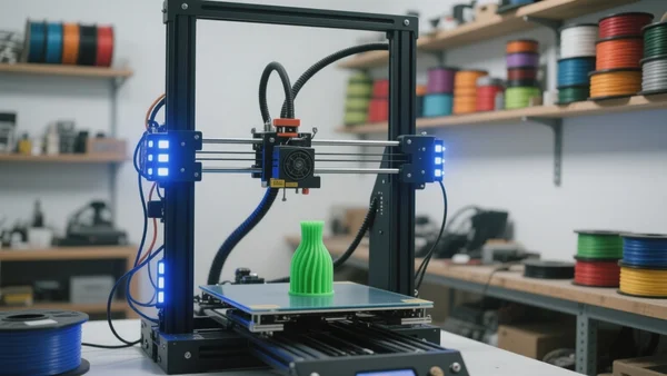 Imprimante 3D Prusa ouverte en train d'imprimer une pièce en PLA vert, câbles visibles, éclairage LED bleu, atelier de maker avec étagères de filaments en arrière-plan
