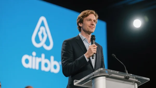 Brian Chesky, PDG d'Airbnb, s'adressant à une audience lors d'une conférence tech, costume sombre, micro à la main, fond bleu avec le logo Airbnb, lumière de projecteur