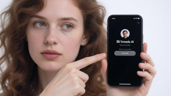 Écran de smartphone affichant le profil Threads de Meta AI avec le bouton de blocage grisé et inaccessible, doigt pointé vers l'écran