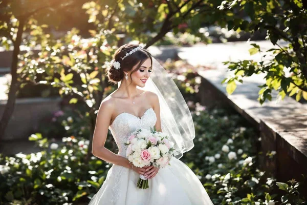 Louane en robe de mariée blanche, voile et bouquet de roses, dans un décor extérieur ensoleillé.