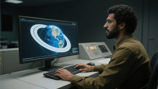 Ordinateur de contrôle de mission affichant une trajectoire orbitale elliptique autour de la Terre, écrans lumineux dans une salle sombre