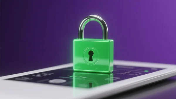 Fermeture d'un cadenas vert lumineux sur fond violet sombre, interface numérique avec reflets, ambiance high-tech et sécurisée