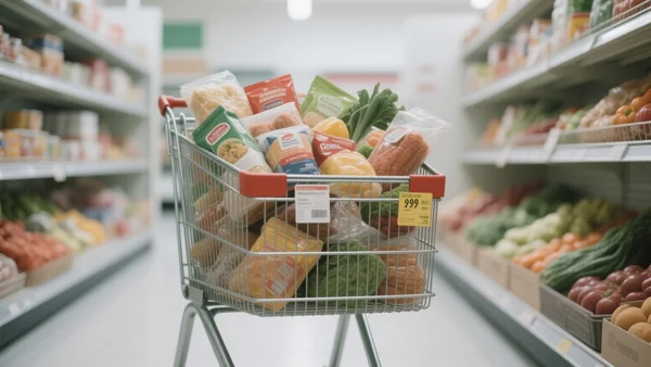 Caddie de supermarché débordant de courses, vu de face, lumière blanche de grande surface, étiquettes de prix visibles sur les produits