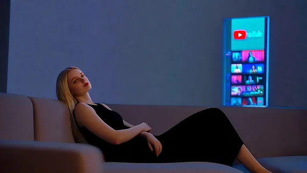 Un salon moderne avec un grand écran de télévision affichant un flux vertical de vidéos YouTube Shorts, canapé confortable et lumière tamisée du soir
