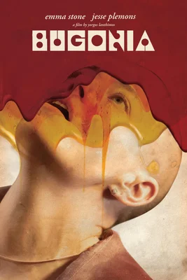 Affiche de Bugonia : visage incliné sous des coulures rouges et jaunes.