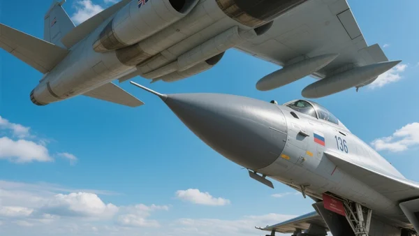 Vue en contre-plongée d'un chasseur Soukhoï Su-27 russe gris métallisé volant à quelques mètres sous le nez d'un avion de reconnaissance RC-135 Rivet Joint britannique, ciel bleu et nuages en arrière-plan, lumière du jour vive, angle dramatique