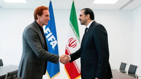 Gianni Infantino en costume, serrant la main d'un dirigeant iranien en costume, salle de réunion moderne, drapeaux de la FIFA et de l'Iran visibles