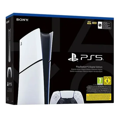 Packaging de la PlayStation 5 Digital Edition (Slim) avec console et manette.