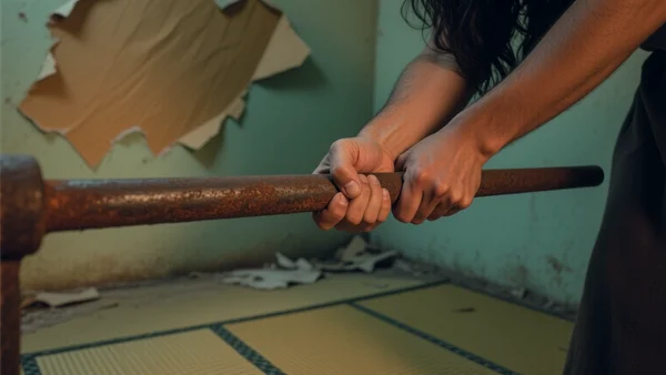 Gros plan sur les mains d'un personnage tenant une barre de fer rouillée, prêt à frapper, dans une pièce aux murs de papier déchiré et tatamis pourris, éclairage tamisé