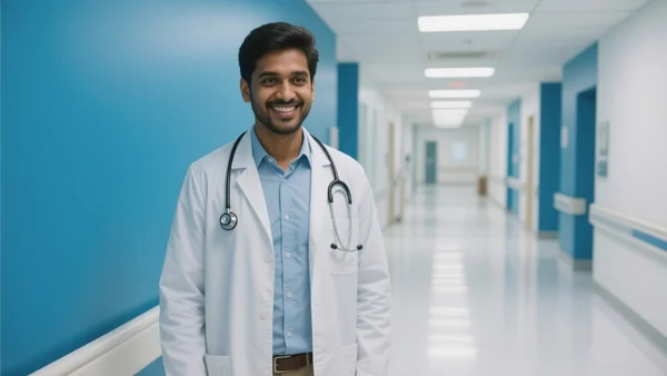 Portrait d'un médecin d'origine diverse en blouse blanche et stéthoscope autour du cou, souriant avec bienveillance dans un couloir d'hôpital public lumineux