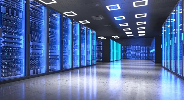 Couloir d'un centre de données moderne avec des serveurs empilés, évoquant l'infrastructure des banques de logiciels malveillants.