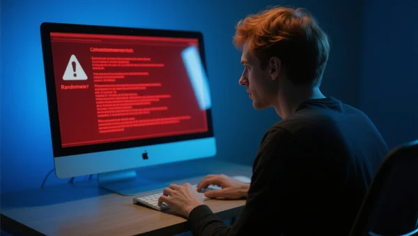 Un écran d'ordinateur affichant une alerte de ransomware en rouge, avec une main qui tape sur un clavier dans une pièce sombre éclairée par un écran bleuté