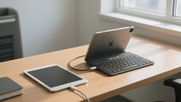 iPad posé sur un bureau avec un clavier Logitech Rugged Combo 4c, câble USB-C branché sur le clavier, lumière naturelle de bureau