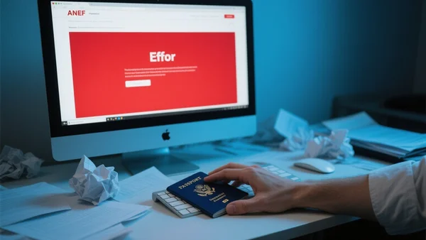 Premier plan d'un écran d'ordinateur affichant le portail ANEF avec un message d'erreur, une main d'usager posée sur un passeport et des papiers froissés sur un bureau en désordre, éclairage froid et anxiogène