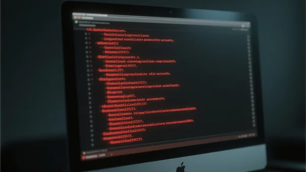 Écran d'ordinateur affichant une liste de comptes piratés, lignes de code rouge sur fond noir, lumière tamisée, gros plan