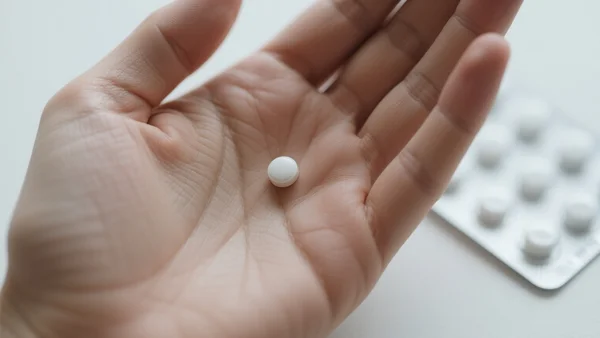 Gros plan sur un petit comprimé blanc posé dans la paume d'une main, avec un emballage pharmaceutique blanc et neutre en arrière-plan flou