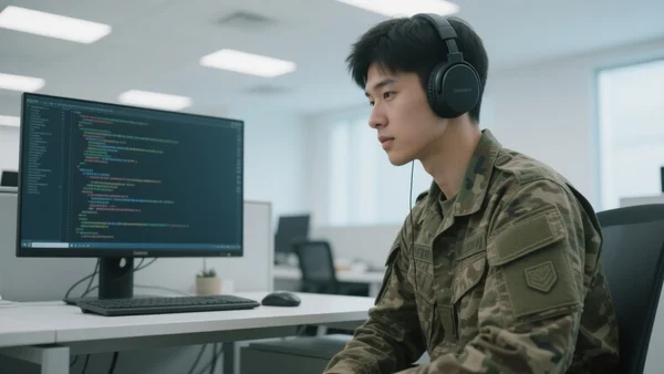 Jeune soldat en treillis assis devant un ordinateur dans un open space moderne, casque audio sur les oreilles, écran affichant des lignes de code, lumière blanche de bureau