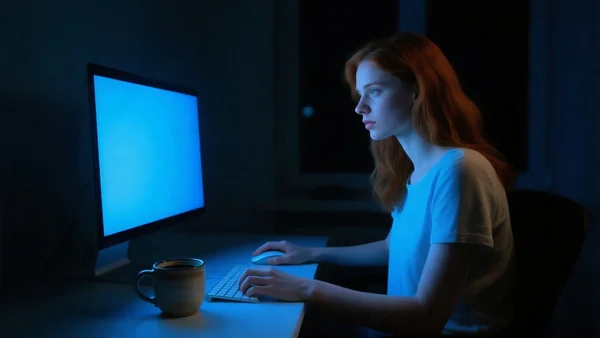 Jeune femme devant un ordinateur, ambiance nocturne, lueur bleue de l'écran sur son visage, tasse de café à côté, expression concentrée