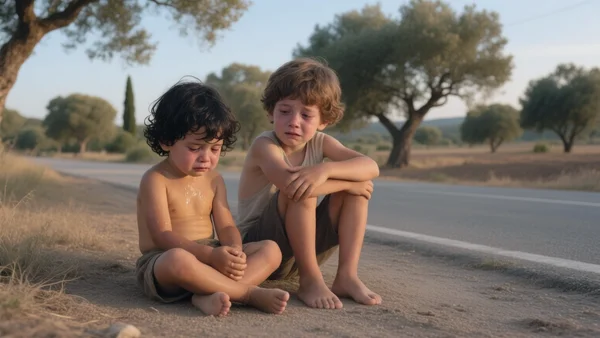 Deux jeunes enfants, un garçon de 4 ans et un de 5 ans, assis en pleurs au bord d'une route de campagne déserte, paysage d'oliviers et chênes-lièges en arrière-plan, fin d'après-midi, lumière dorée
