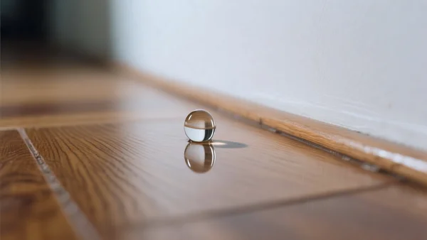 Goutte d'eau sur un plancher en bois près d'un mur, reflet de lumière, ambiance intérieure calme