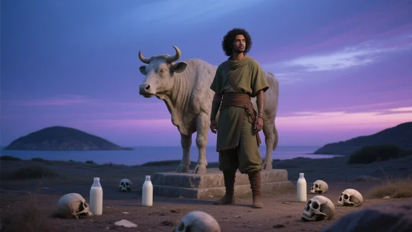 Vue d'artiste d'un joueur debout devant une statue de vache en pierre sur l'île de Skovos, bouteilles de lait et crânes éparpillés au sol, ciel crépusculaire, ambiance mystérieuse