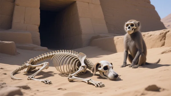 Fouille archéologique en Égypte, squelette de chien couché à côté d'un squelette de babouin dans une tombe sablonneuse, lumière dorée du désert