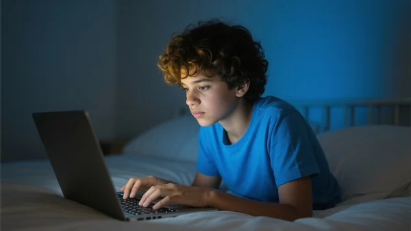 Adolescent assis devant un ordinateur portable dans une chambre, lumière bleue de l'écran éclairant son visage concentré, doigts sur le clavier, ambiance nocturne tamisée