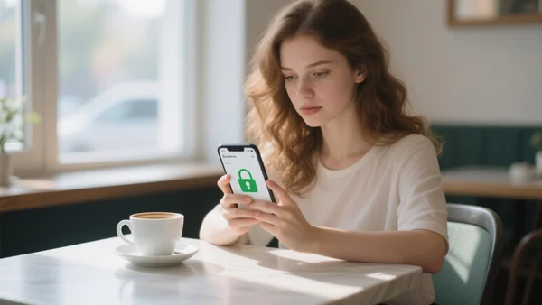 Jeune femme utilisant son smartphone dans un café, écran affichant une application bancaire avec un cadenas vert, tasse de café à côté, lumière naturelle tamisée