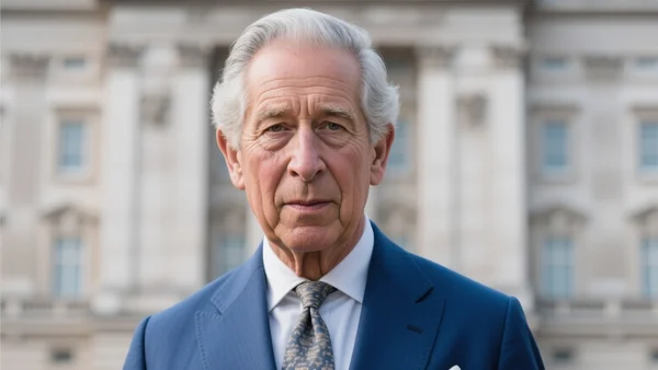 Portrait récent du roi Charles III en costume bleu, cravate à motifs, arrière-plan flou de Buckingham Palace, lumière naturelle