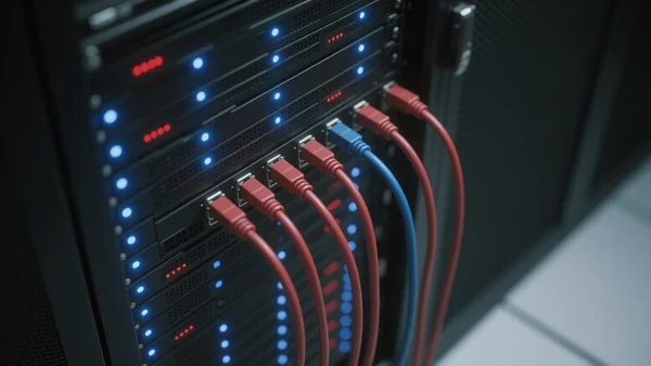 Vue en plongée d'un serveur de données avec lumières LED clignotantes dans une salle sombre, câbles bleus et rouges connectés, ambiance froide et technique