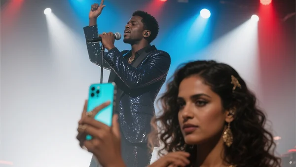 Gims sur scène en concert, micro à la main, costume scintillant, bras levé, lumière bleue et rouge, public agitant des téléphones