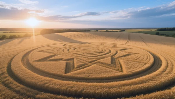 Vue aérienne d'un champ de blé doré avec un large motif géométrique circulaire tracé dans les épis, lumière rasante du soleil couchant, ombres longues, ciel bleu nuageux