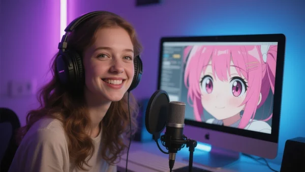 Un écran d'ordinateur affiche un avatar de style anime aux cheveux roses vifs et aux grands yeux expressifs, une jeune femme souriante assise devant un micro à casque dans une pièce faiblement éclairée par des lumières LED violettes et bleues