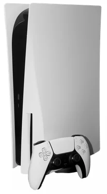 Console PlayStation 5 blanche avec manette DualSense, posée sur son socle.