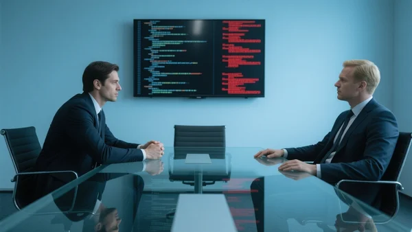 Salle de réunion moderne avec un écran affichant des lignes de code et des alertes de sécurité, dirigeants en costume autour d'une table en verre, éclairage froid et bleuté