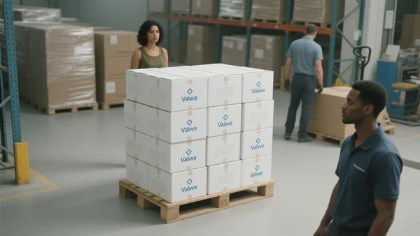 Vue plongeante sur une palette industrielle empilée de boîtes en carton blanc marquées du logo Valve, entrepôt lumineux avec éclairage zénithal, ouvriers en arrière-plan flou