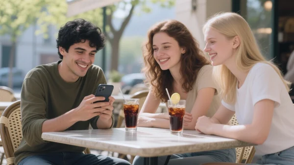 Trois jeunes adultes assis à une terrasse de café, souriant et consultant un smartphone, verres de soda sur la table, lumière naturelle de printemps, ambiance décontractée
