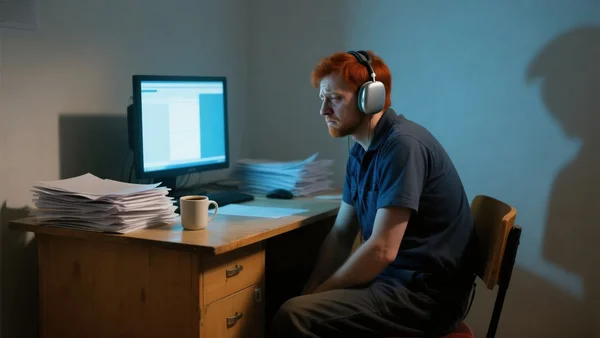 Travailleur assis à un bureau modeste devant un ordinateur, pièce faiblement éclairée, papiers empilés, casque audio sur les oreilles, regard fatigué