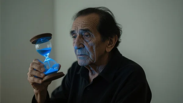 Main ridée d'une personne âgée tenant un sablier presque vide, la lumière tamisée d'une chambre, reflets bleutés extraterrestres dans le verre, atmosphère mélancolique et inquiétante