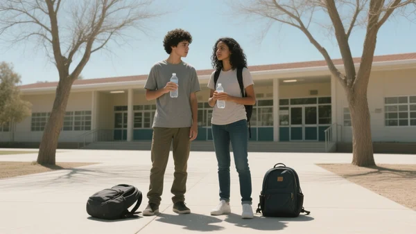 Étudiants en sueur devant un lycée, bouteilles d'eau à la main, cartables posés au sol, arbres dénudés sous un soleil écrasant