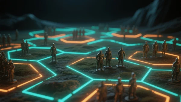 Capture d'écran stylisée d'une carte de Civilization VII avec hexagones, armées en miniatures et contours lumineux, ambiance stratégique nocturne