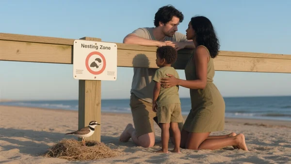 Famille sur une plage respectant une zone de nidification délimitée par une barrière en bois et un panneau, un gravelot à collier interrompu posé près du nid, lumière douce de fin d'après-midi